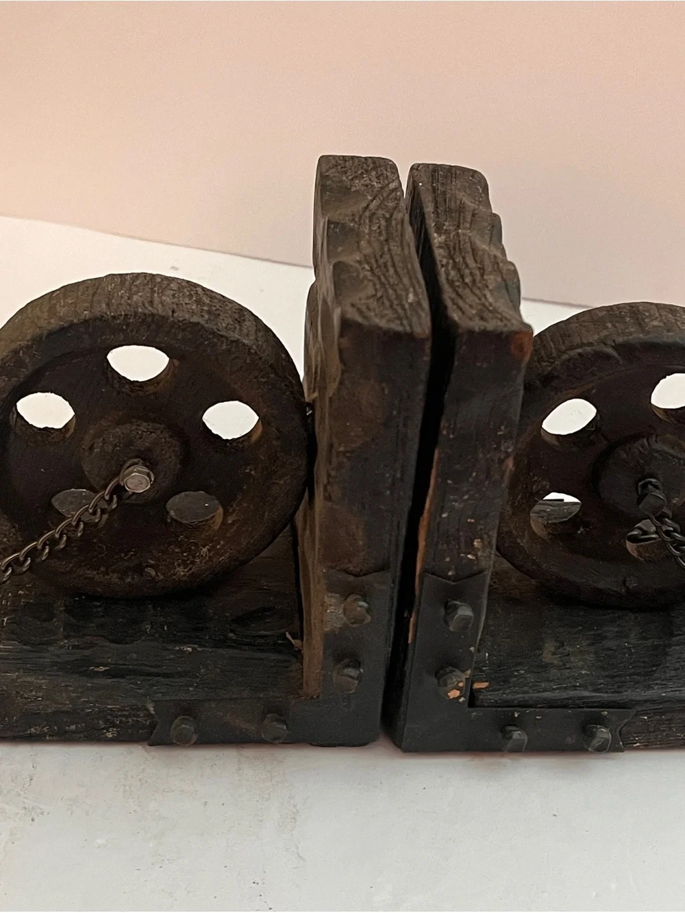 Vintage Rustic Wooden Pulley Bookends - Dark Brown